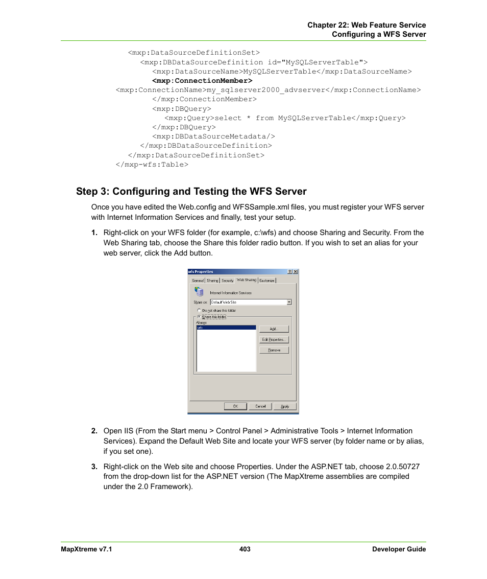 Step 3: configuring and testing the wfs server | Pitney Bowes MapXtreme User Manual | Page 396 / 640