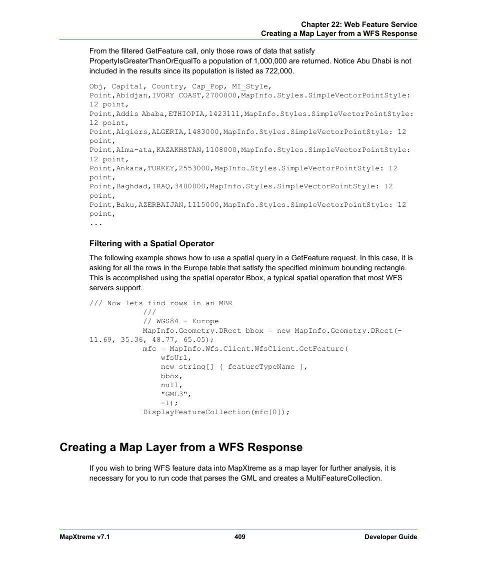 Creating a map layer from a wfs response | Pitney Bowes MapXtreme User Manual | Page 402 / 640