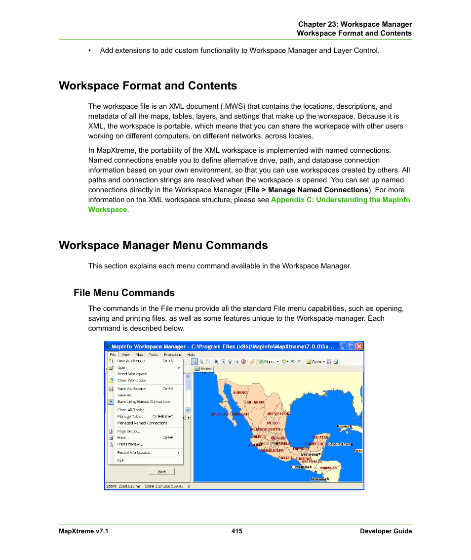 Workspace format and contents, Workspace manager menu commands, File menu commands | Pitney Bowes MapXtreme User Manual | Page 408 / 640