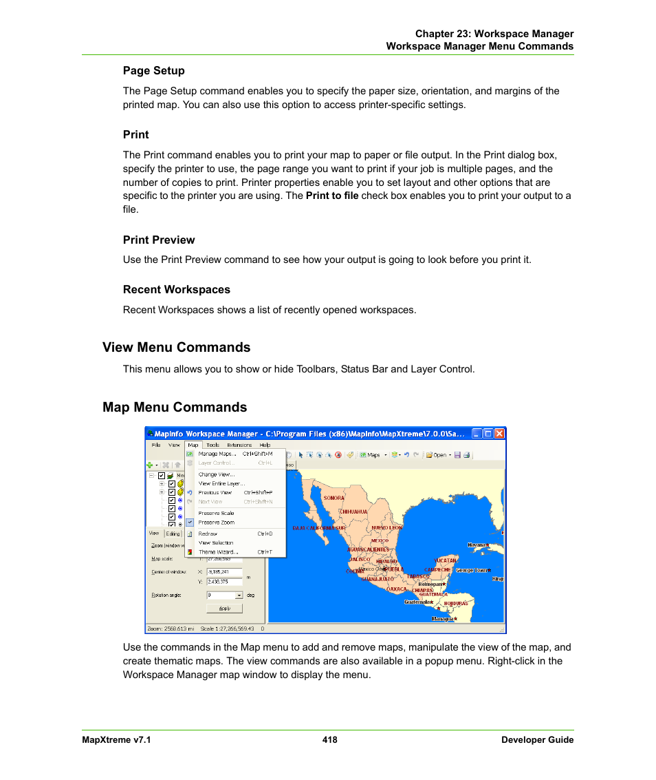 View menu commands, Map menu commands, View menu commands map menu commands | Pitney Bowes MapXtreme User Manual | Page 411 / 640