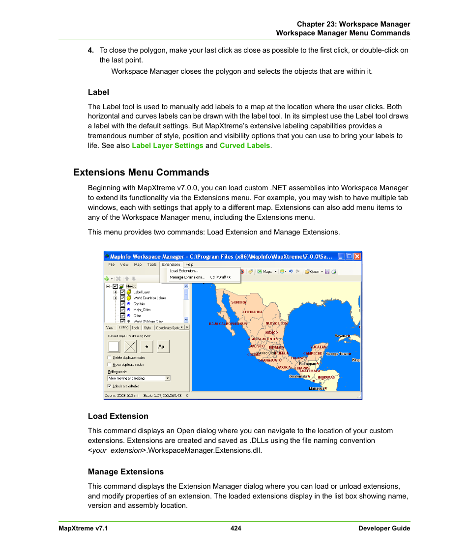 Extensions menu commands | Pitney Bowes MapXtreme User Manual | Page 417 / 640
