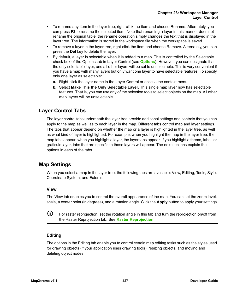Layer control tabs, Map settings, Layer control tabs map settings | Pitney Bowes MapXtreme User Manual | Page 420 / 640