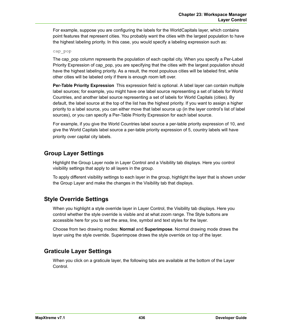 Group layer settings, Style override settings, Graticule layer settings | Pitney Bowes MapXtreme User Manual | Page 429 / 640