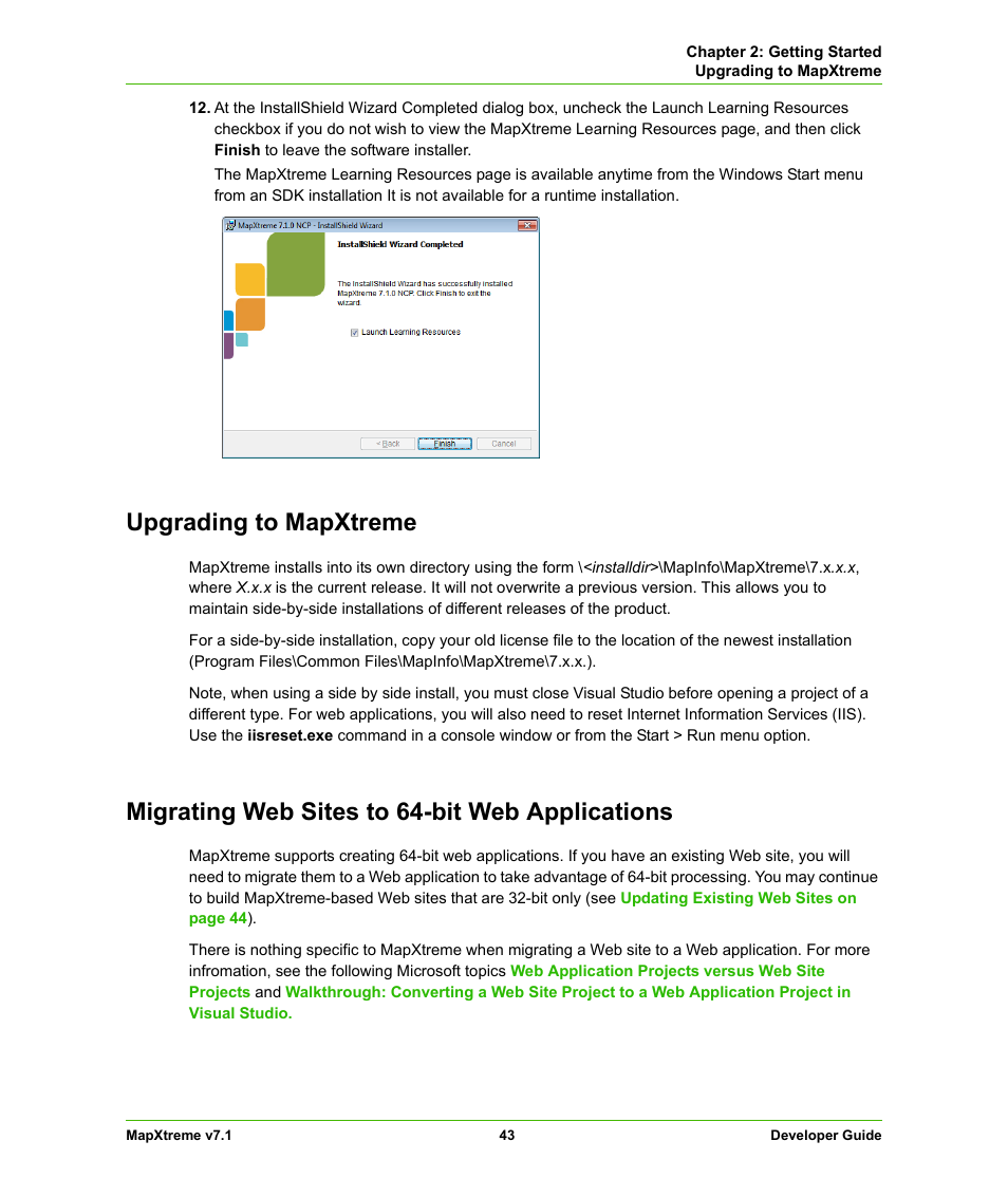 Upgrading to mapxtreme, Migrating web sites to 64-bit web applications | Pitney Bowes MapXtreme User Manual | Page 43 / 640