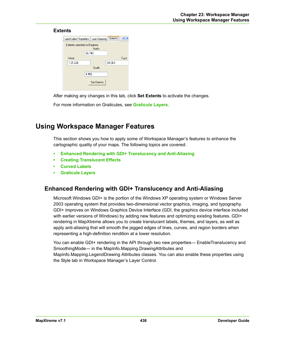 Using workspace manager features, Enhanced rendering with gdi, Translucency and anti-aliasing | Pitney Bowes MapXtreme User Manual | Page 431 / 640