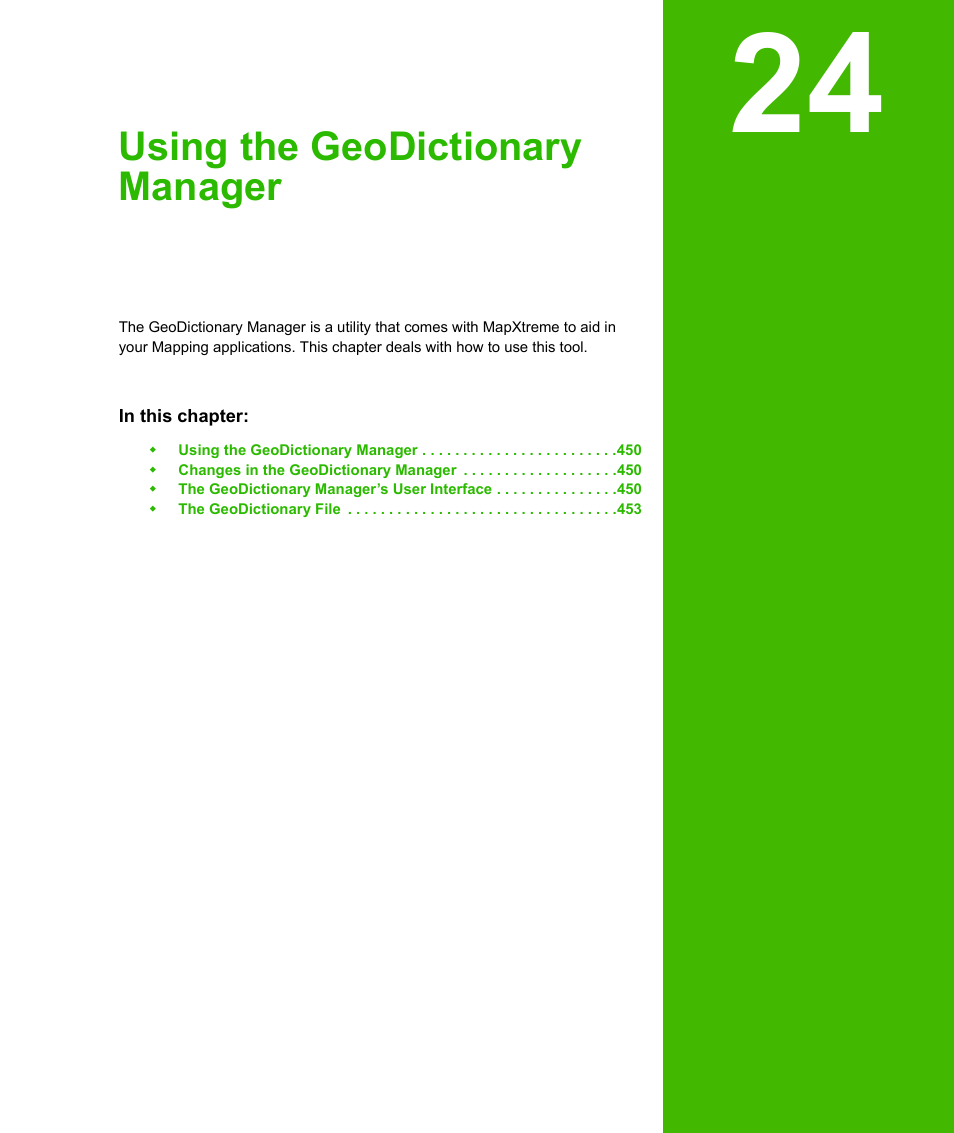 Chapter 24: using the geodictionary manager, Using the geodictionary manager | Pitney Bowes MapXtreme User Manual | Page 442 / 640