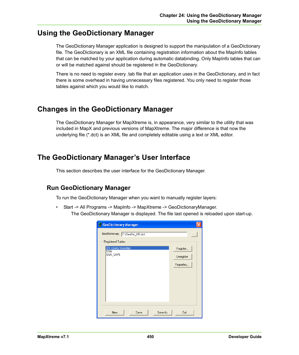 Using the geodictionary manager, Changes in the geodictionary manager, The geodictionary manager’s user interface | Run geodictionary manager | Pitney Bowes MapXtreme User Manual | Page 443 / 640