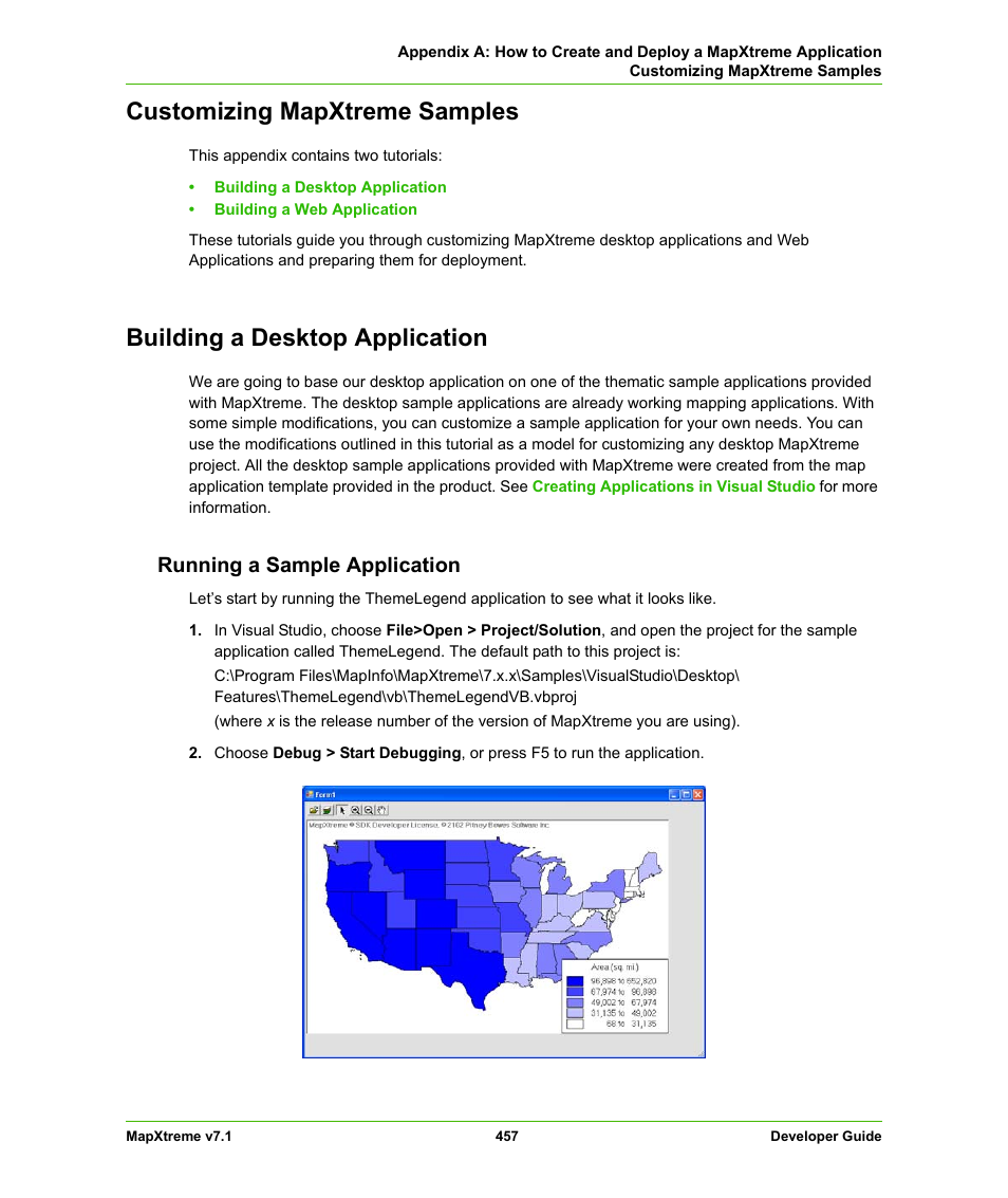 Customizing mapxtreme samples, Building a desktop application, Running a sample application | Pitney Bowes MapXtreme User Manual | Page 450 / 640
