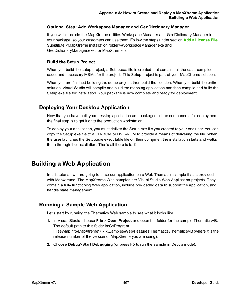 Deploying your desktop application, Building a web application, Running a sample web application | Pitney Bowes MapXtreme User Manual | Page 460 / 640