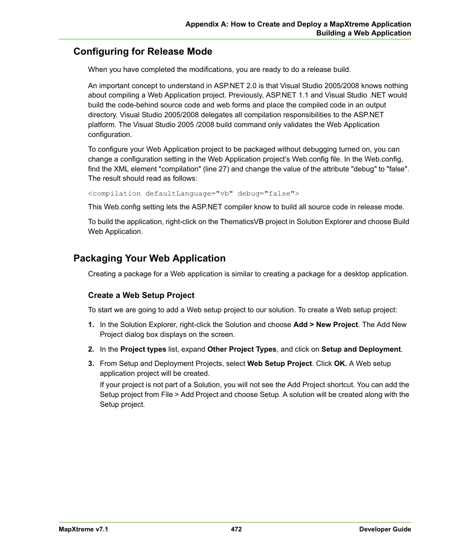 Configuring for release mode, Packaging your web application | Pitney Bowes MapXtreme User Manual | Page 465 / 640