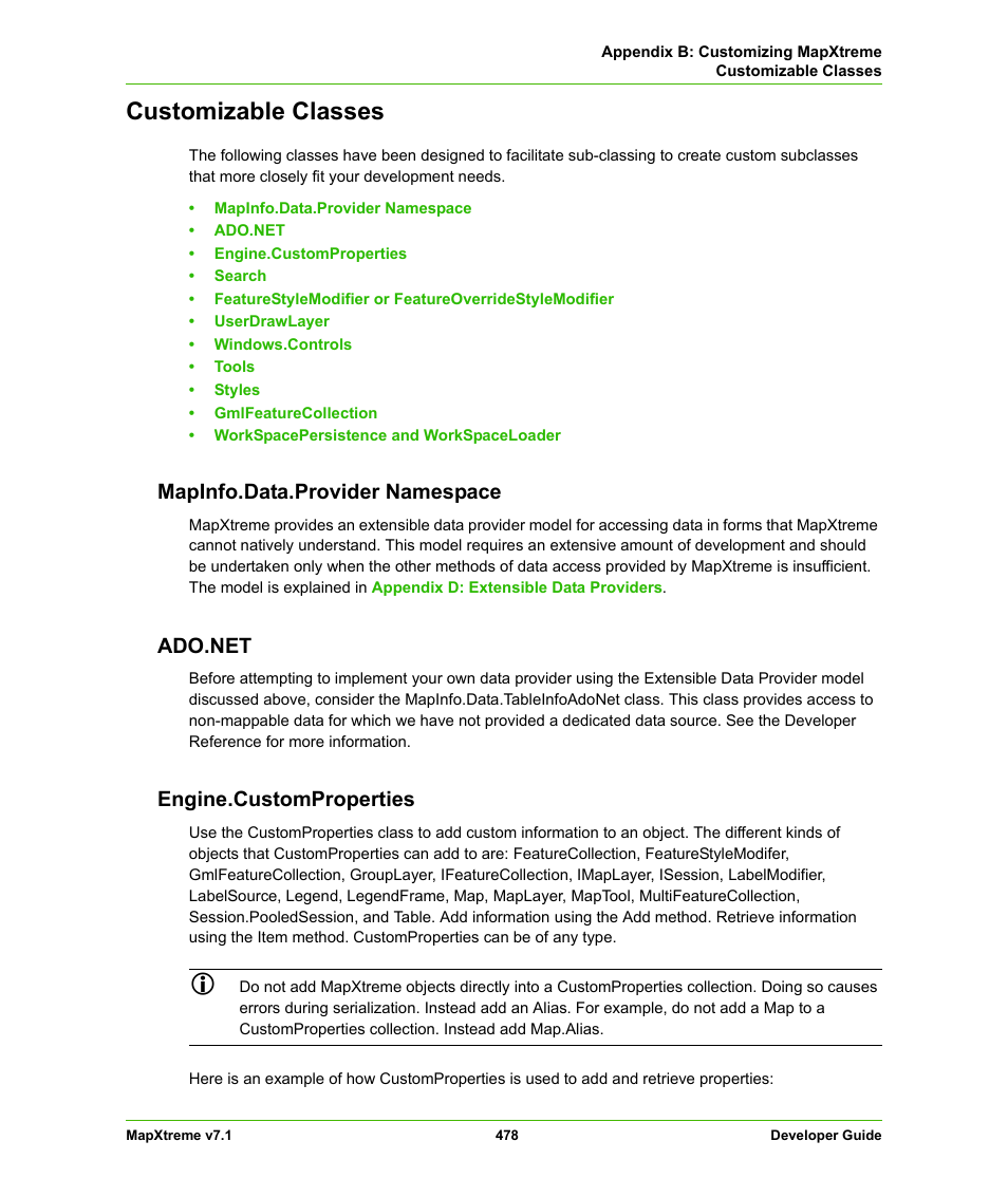 Customizable classes, Mapinfo.data.provider namespace, Ado.net | Engine.customproperties | Pitney Bowes MapXtreme User Manual | Page 471 / 640