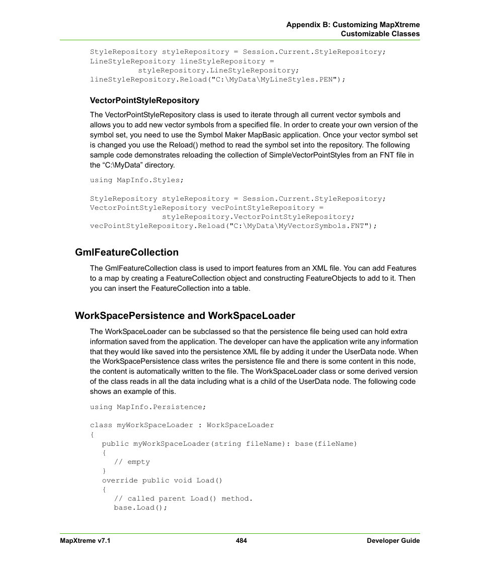 Gmlfeaturecollection, Workspacepersistence and workspaceloader | Pitney Bowes MapXtreme User Manual | Page 477 / 640