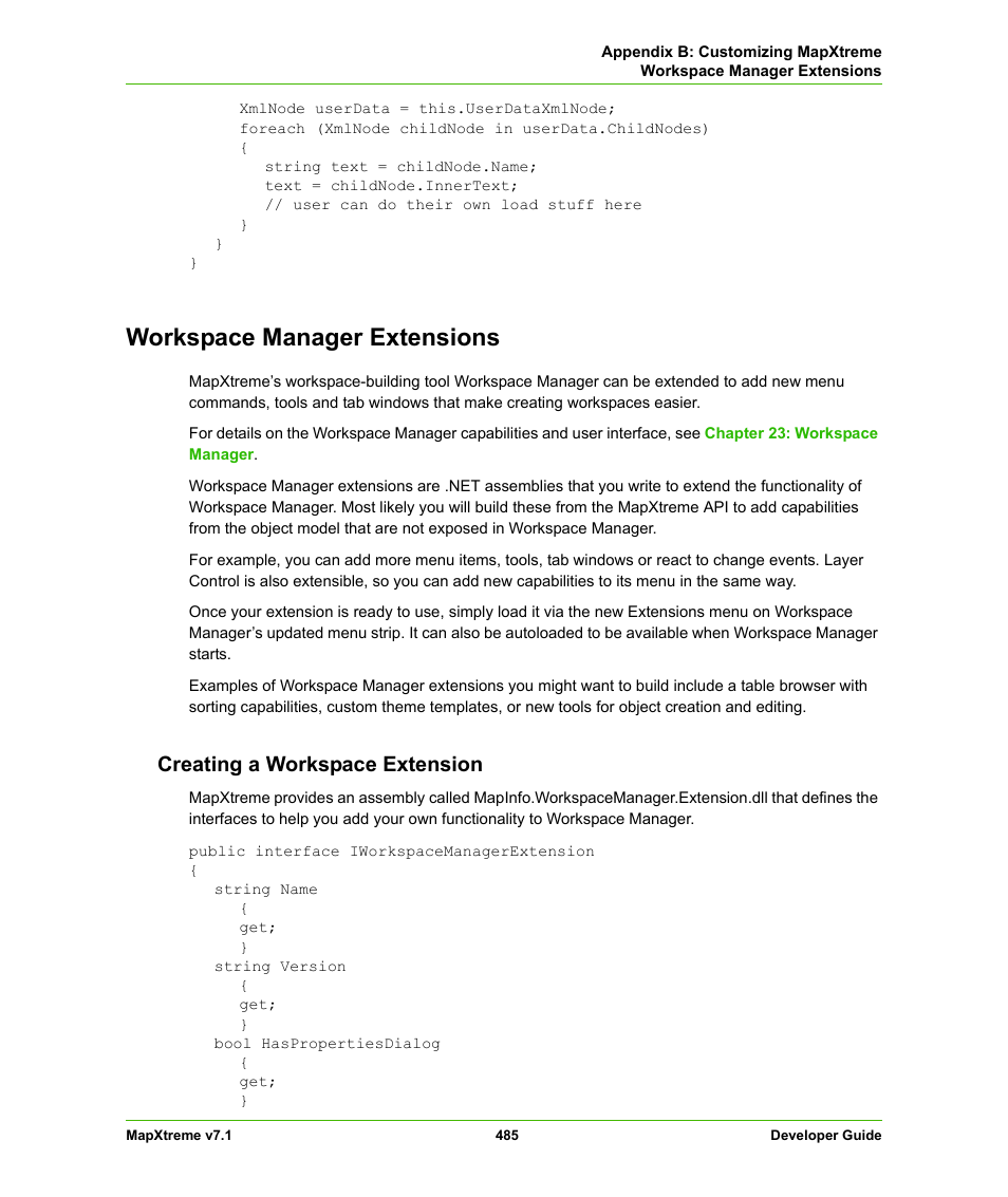 Workspace manager extensions, Creating a workspace extension | Pitney Bowes MapXtreme User Manual | Page 478 / 640
