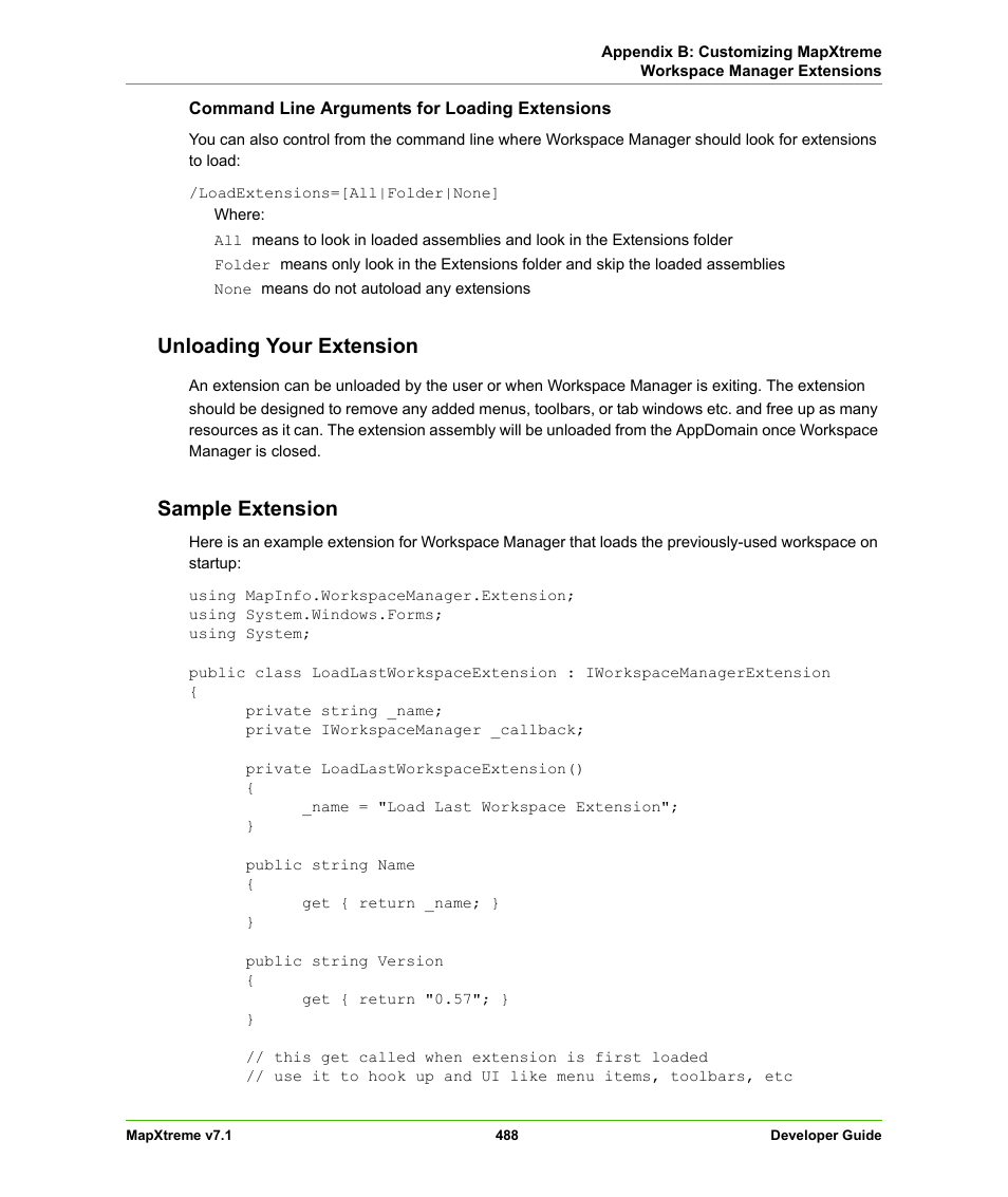 Unloading your extension, Sample extension, Unloading your extension sample extension | Pitney Bowes MapXtreme User Manual | Page 481 / 640