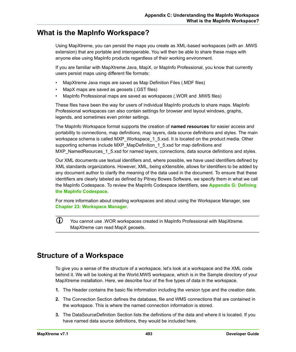 What is the mapinfo workspace, Structure of a workspace, Mapinfo.persistence namespace | Pitney Bowes MapXtreme User Manual | Page 486 / 640