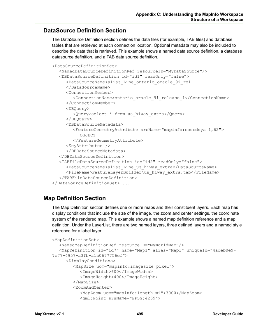 Datasource definition section, Map definition section | Pitney Bowes MapXtreme User Manual | Page 488 / 640