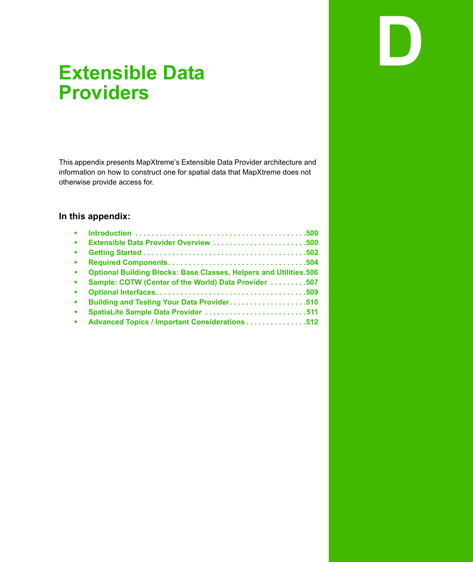 Appendix d: extensible data providers, Extensible data providers | Pitney Bowes MapXtreme User Manual | Page 492 / 640