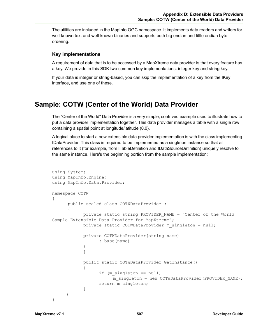 Sample: cotw (center of the world) data provider, Sample: cotw (center of the, World) data provider | Pitney Bowes MapXtreme User Manual | Page 500 / 640