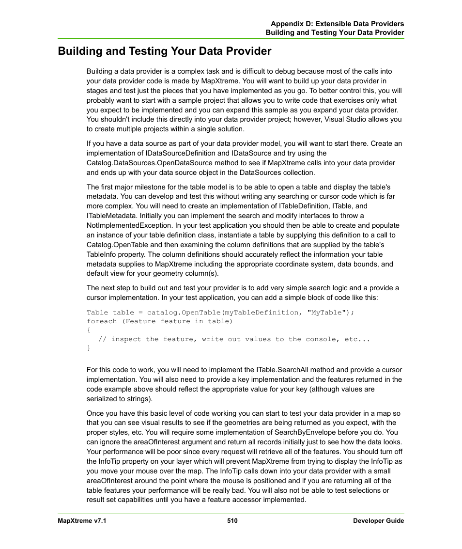Building and testing your data provider | Pitney Bowes MapXtreme User Manual | Page 503 / 640