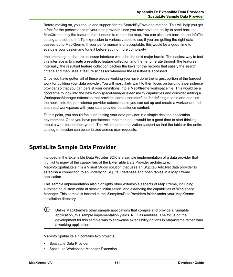 Spatialite sample data provider, Spatialite, Sample data provider | Pitney Bowes MapXtreme User Manual | Page 504 / 640