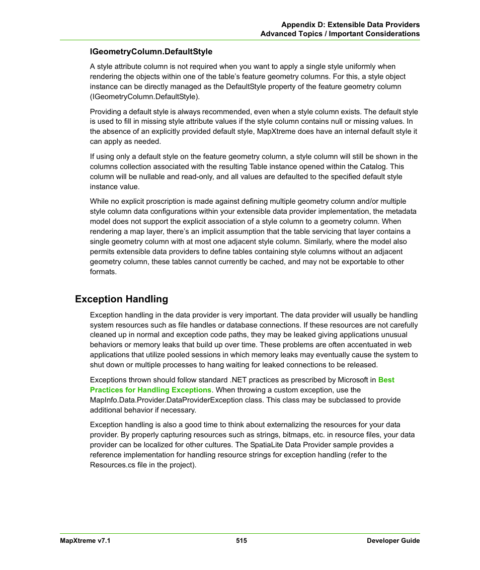 Exception handling | Pitney Bowes MapXtreme User Manual | Page 508 / 640