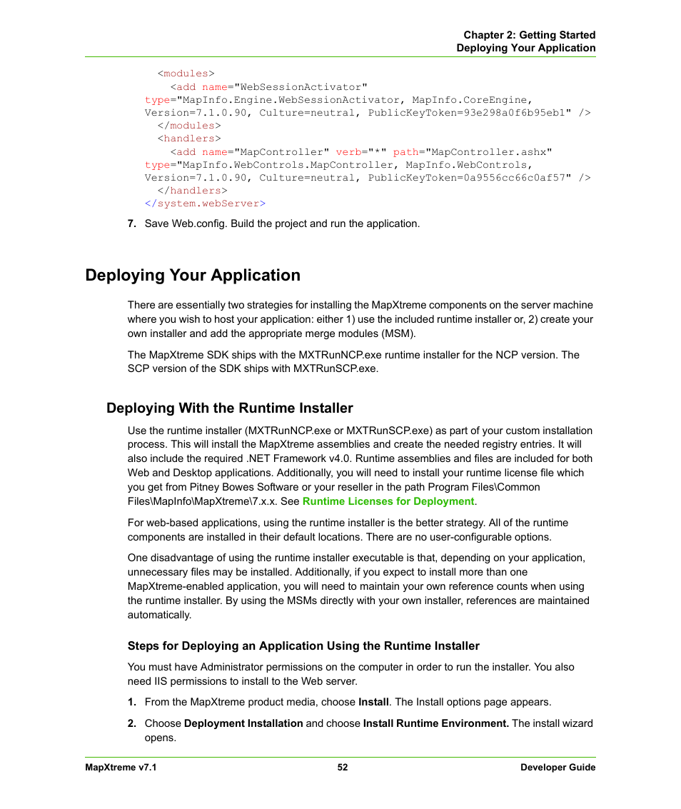 Deploying your application, Deploying with the runtime installer, Deploying with the runtime | Installer | Pitney Bowes MapXtreme User Manual | Page 52 / 640