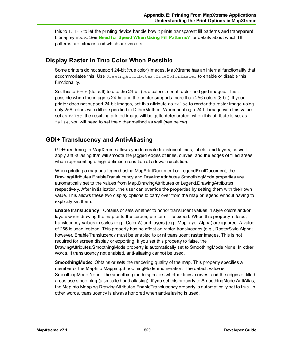 Display raster in true color when possible, Gdi+ translucency and anti-aliasing | Pitney Bowes MapXtreme User Manual | Page 522 / 640
