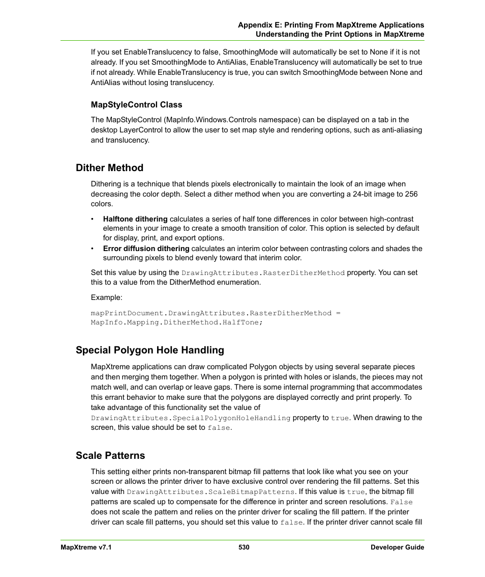 Dither method, Special polygon hole handling, Scale patterns | Pitney Bowes MapXtreme User Manual | Page 523 / 640