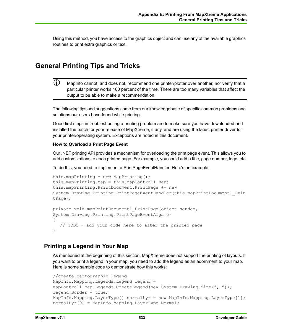 General printing tips and tricks, Printing a legend in your map, Printing a legend in your | Pitney Bowes MapXtreme User Manual | Page 526 / 640