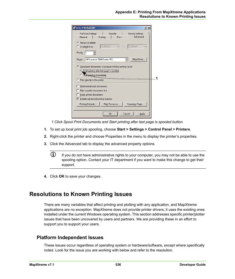 Resolutions to known printing issues, Platform independent issues | Pitney Bowes MapXtreme User Manual | Page 529 / 640