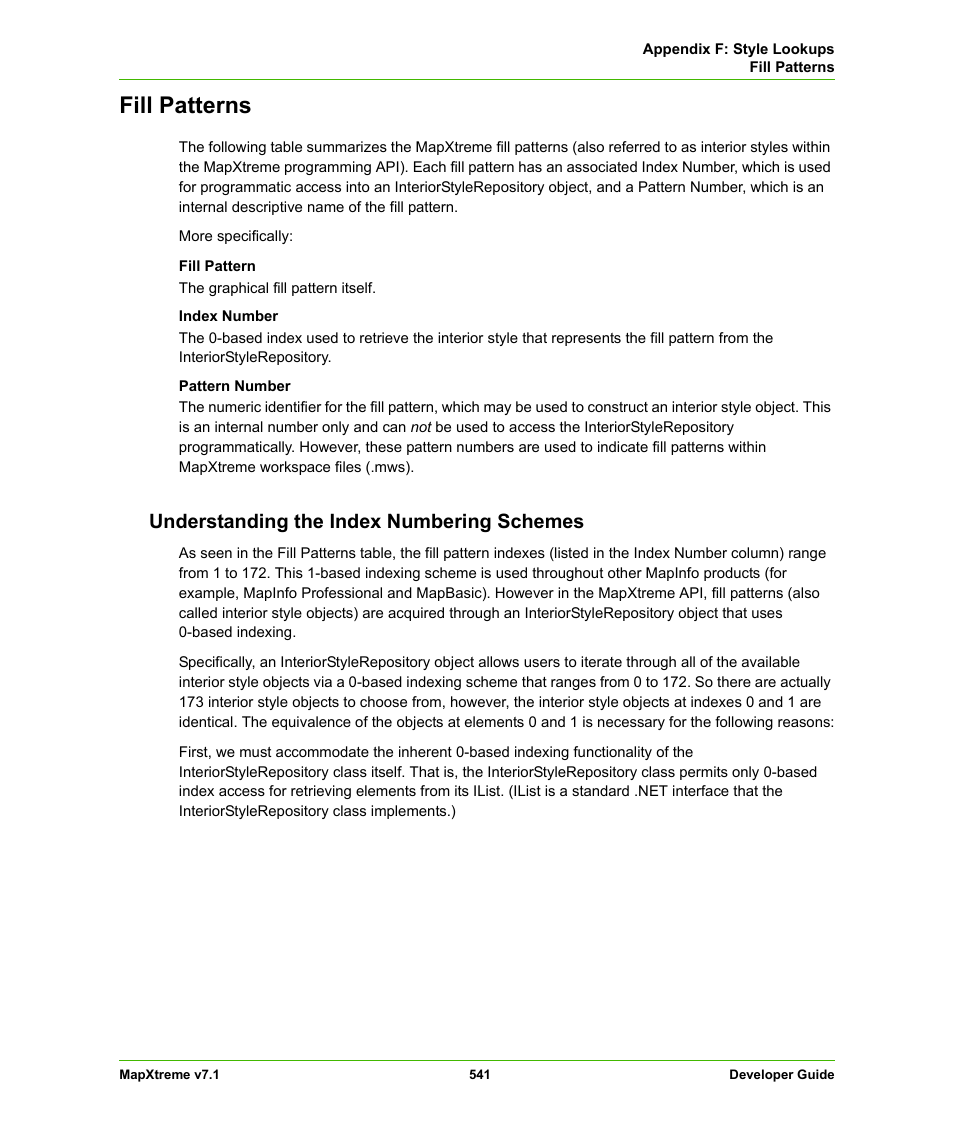 Fill patterns, Understanding the index numbering schemes | Pitney Bowes MapXtreme User Manual | Page 534 / 640