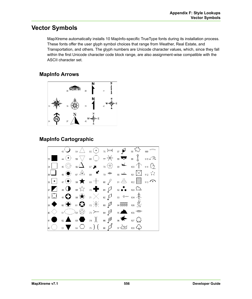 Vector symbols, Mapinfo arrows, Mapinfo cartographic | Mapinfo arrows mapinfo cartographic | Pitney Bowes MapXtreme User Manual | Page 549 / 640