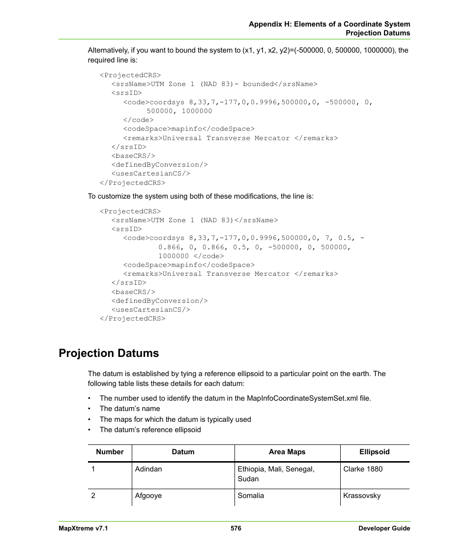 Projection datums | Pitney Bowes MapXtreme User Manual | Page 569 / 640