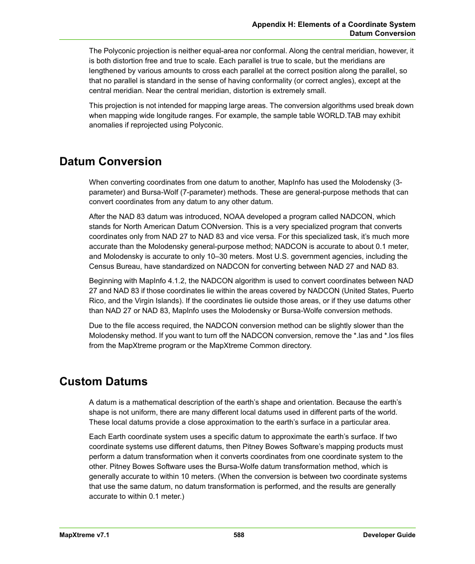 Datum conversion, Custom datums, Datum conversion custom datums | Pitney Bowes MapXtreme User Manual | Page 581 / 640