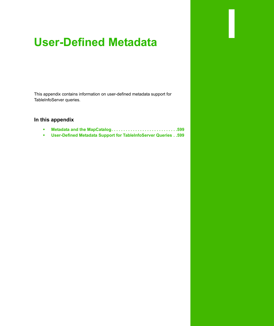 Appendix i: user-defined metadata, User-defined metadata | Pitney Bowes MapXtreme User Manual | Page 591 / 640