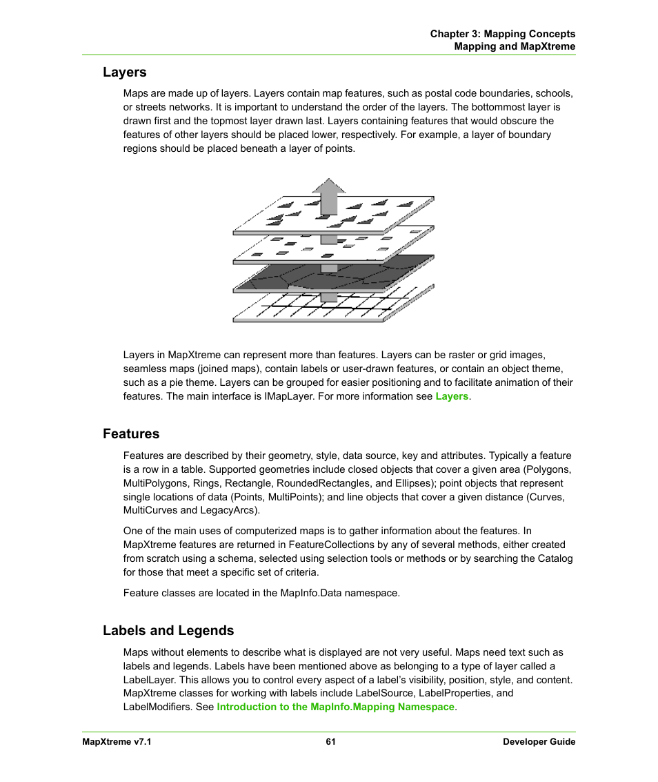 Layers, Features, Labels and legends | Layers features labels and legends | Pitney Bowes MapXtreme User Manual | Page 61 / 640