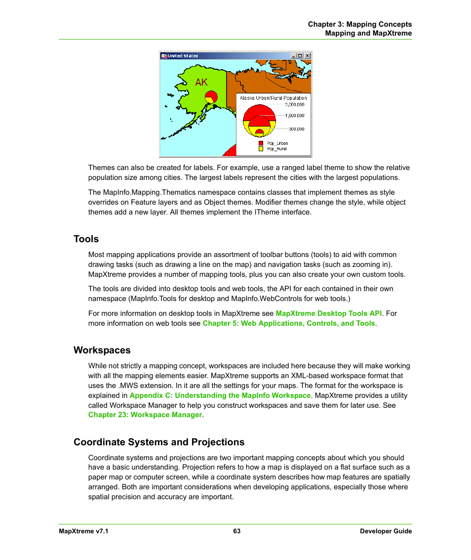 Tools, Workspaces, Coordinate systems and projections | Pitney Bowes MapXtreme User Manual | Page 63 / 640