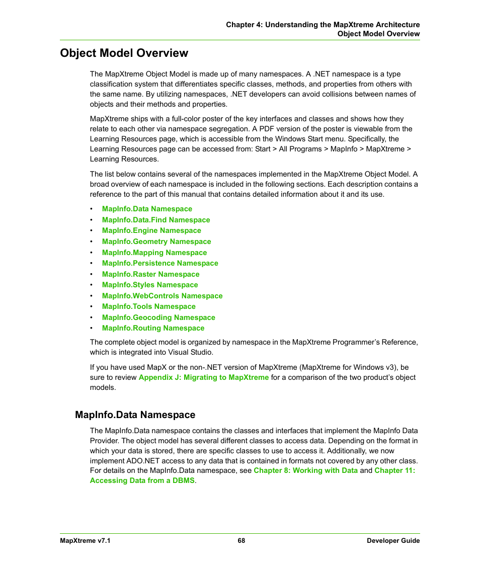 Object model overview, Mapinfo.data namespace | Pitney Bowes MapXtreme User Manual | Page 68 / 640