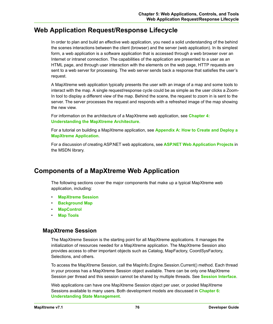 Web application request/response lifecycle, Components of a mapxtreme web application, Mapxtreme session | Pitney Bowes MapXtreme User Manual | Page 76 / 640