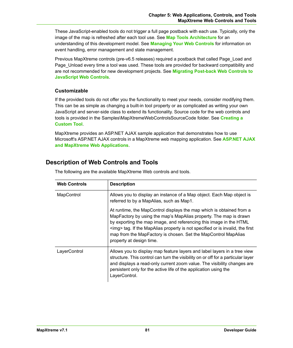 Description of web controls and tools, He web controls and tools see | Pitney Bowes MapXtreme User Manual | Page 81 / 640