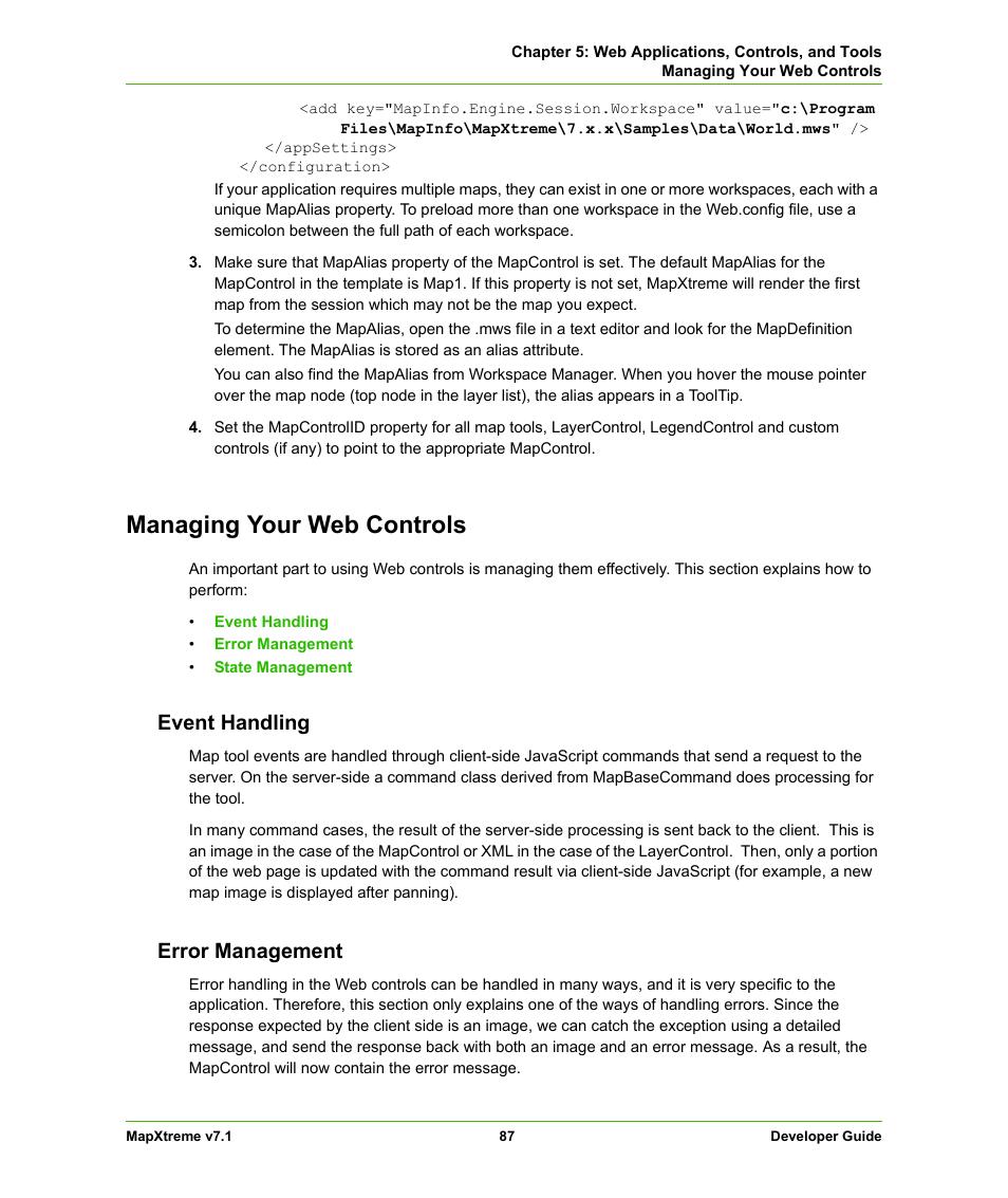 Managing your web controls, Event handling, Error management | Event handling error management | Pitney Bowes MapXtreme User Manual | Page 87 / 640