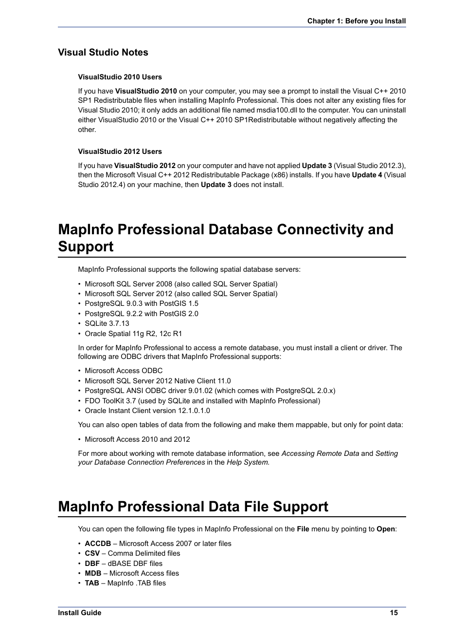 Visual studio notes, Mapinfo professional data file support | Pitney Bowes MapInfo Professional User Manual | Page 15 / 68