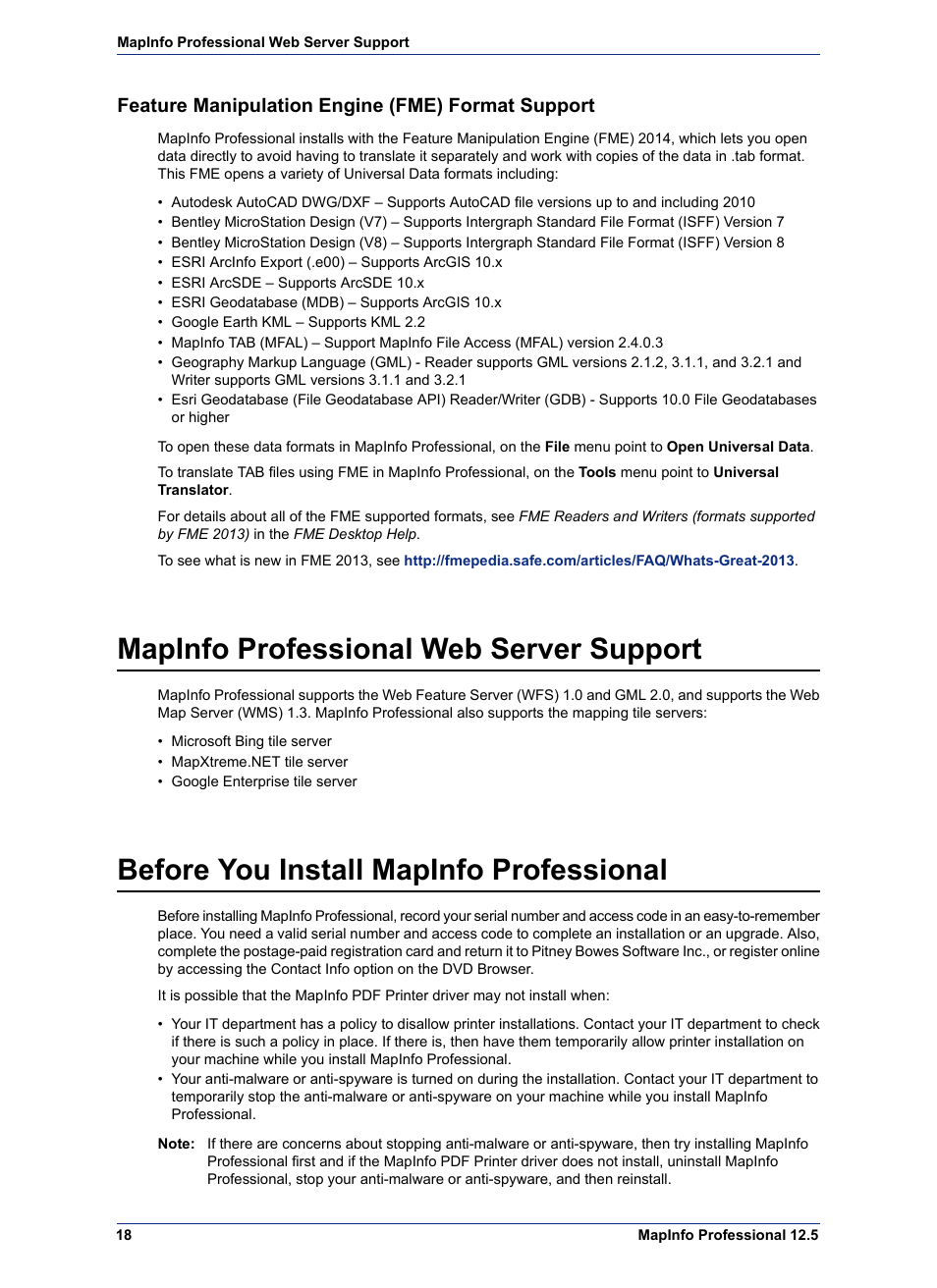 Feature manipulation engine (fme) format support, Mapinfo professional web server support, Before you install mapinfo professional | Pitney Bowes MapInfo Professional User Manual | Page 18 / 68