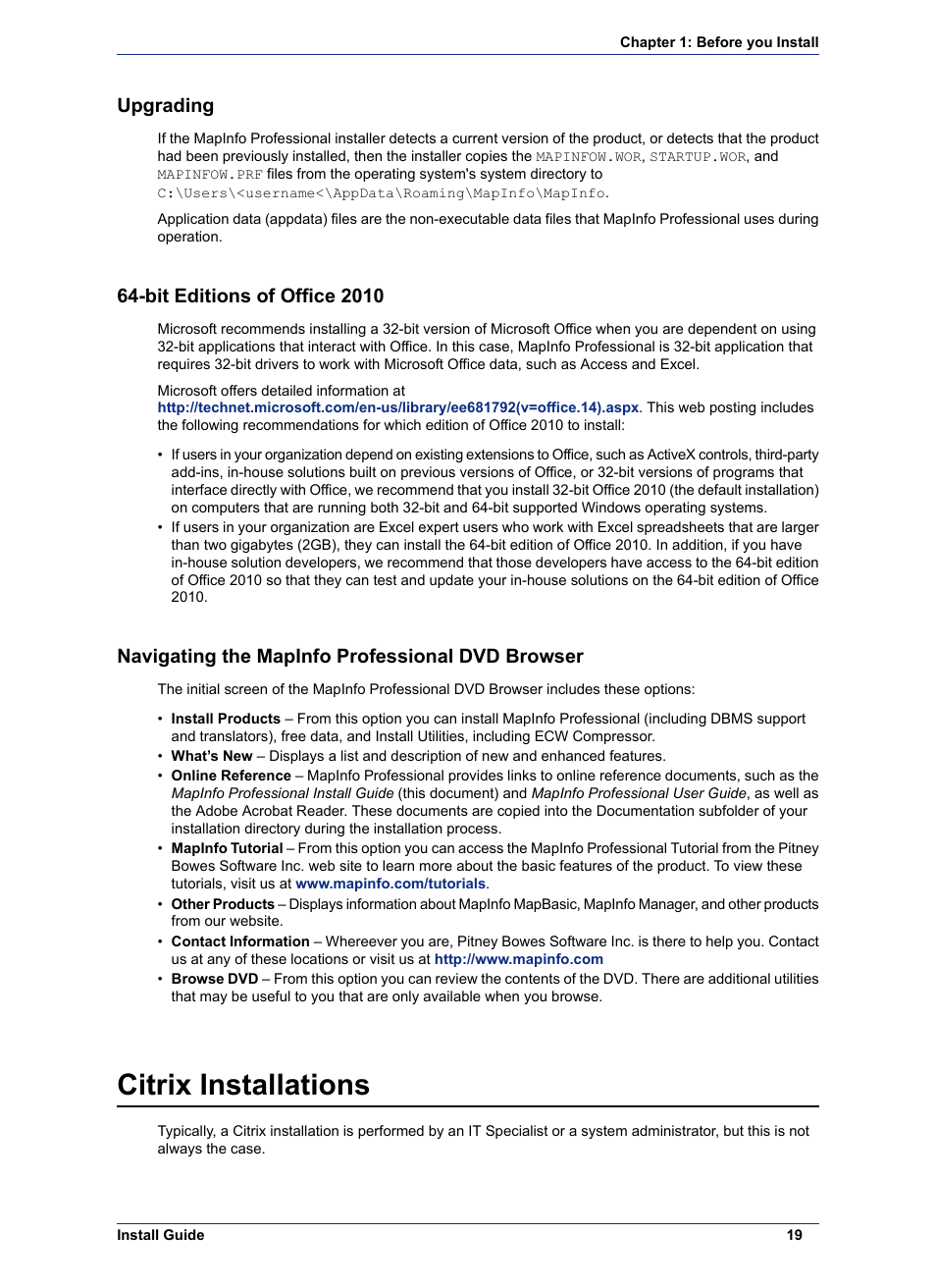 Upgrading, Bit editions of office 2010, Navigating the mapinfo professional dvd browser | Citrix installations | Pitney Bowes MapInfo Professional User Manual | Page 19 / 68