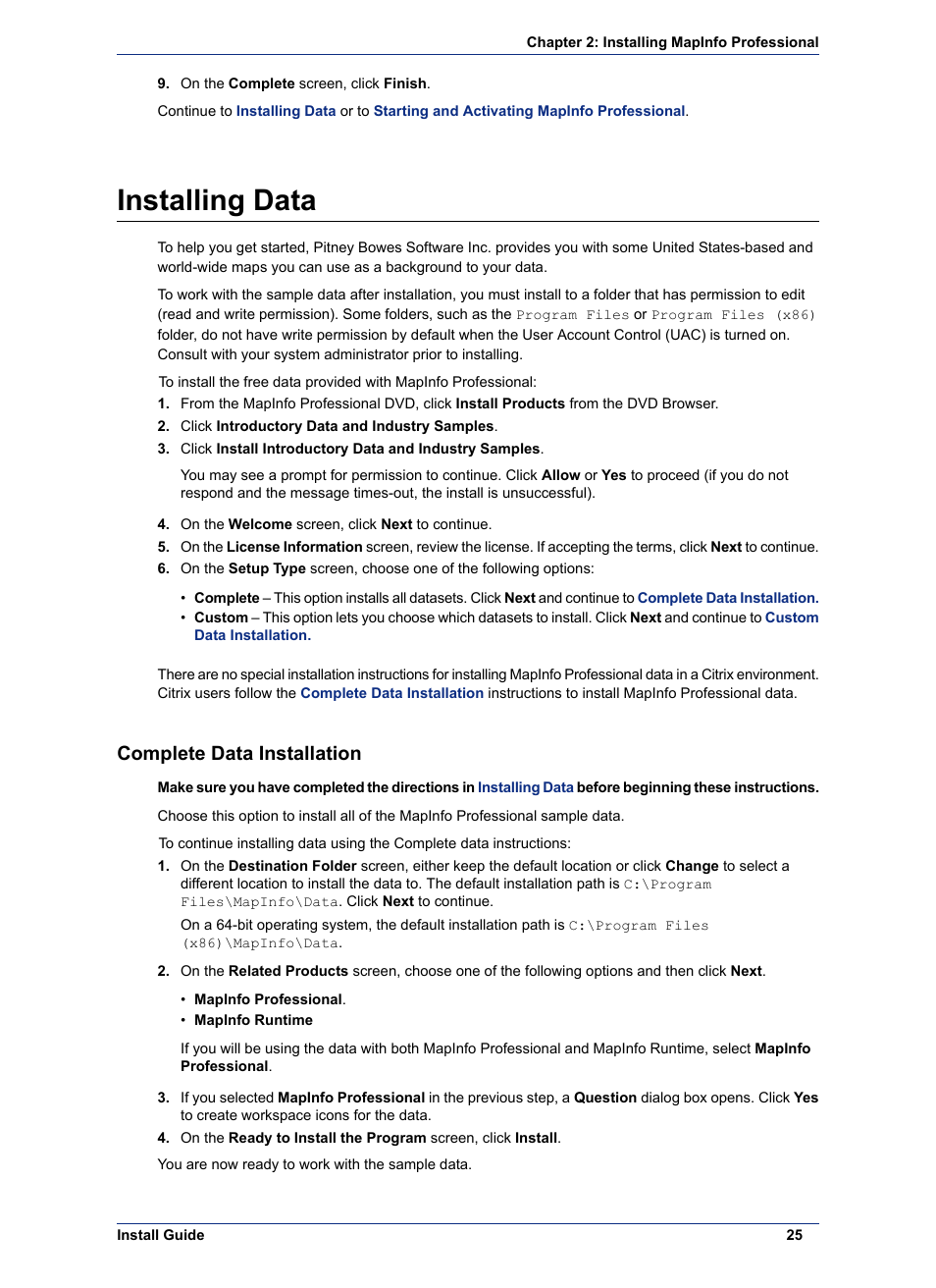 Installing data, Complete data installation | Pitney Bowes MapInfo Professional User Manual | Page 25 / 68