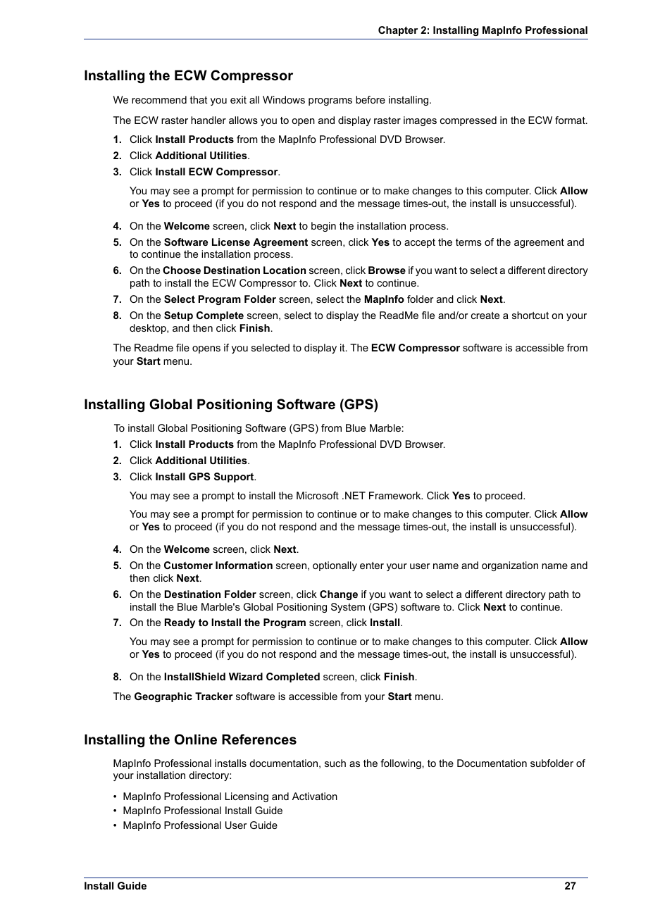 Installing the ecw compressor, Installing global positioning software (gps), Installing the online references | Pitney Bowes MapInfo Professional User Manual | Page 27 / 68