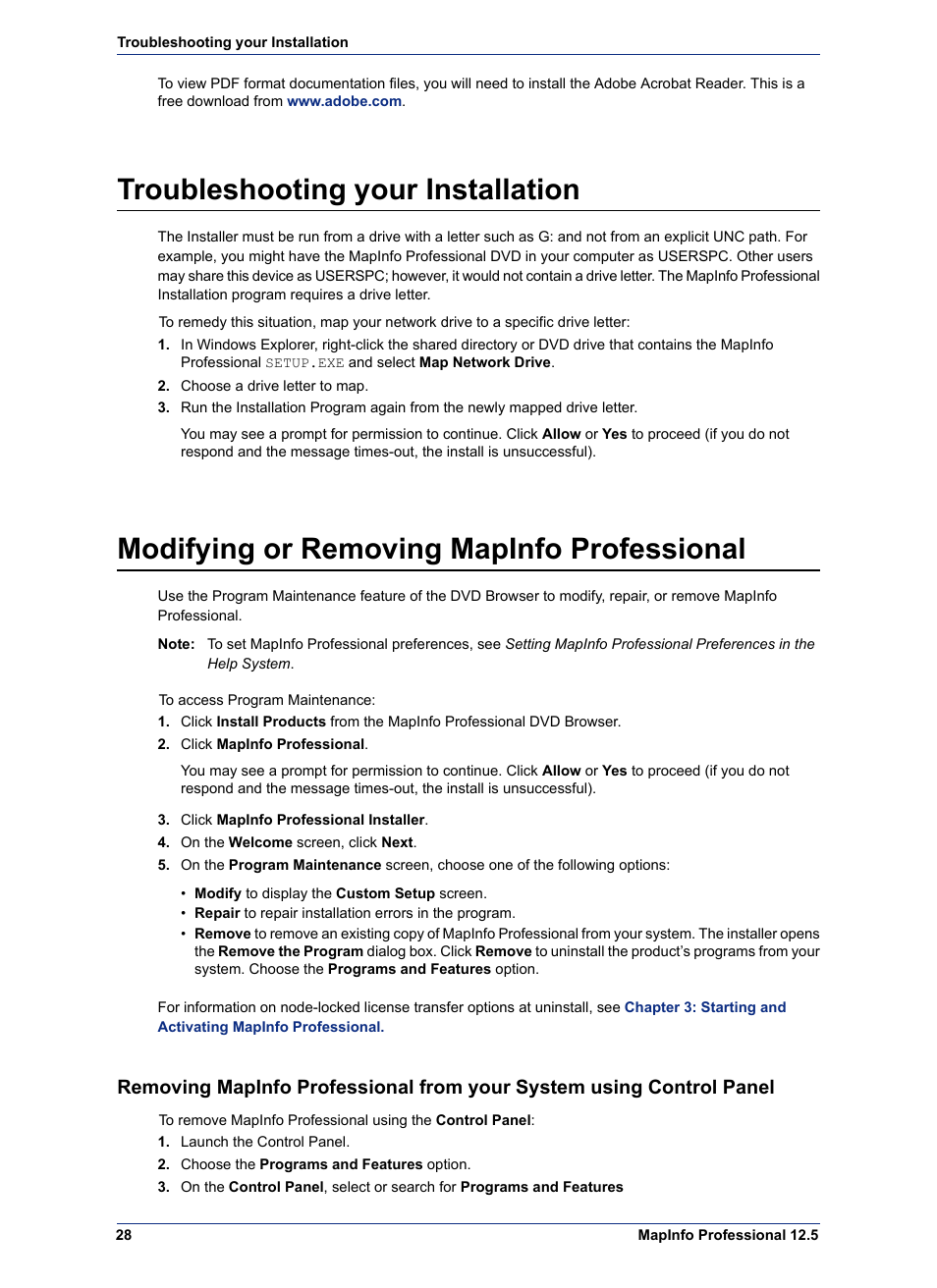 Troubleshooting your installation, Modifying or removing mapinfo professional | Pitney Bowes MapInfo Professional User Manual | Page 28 / 68