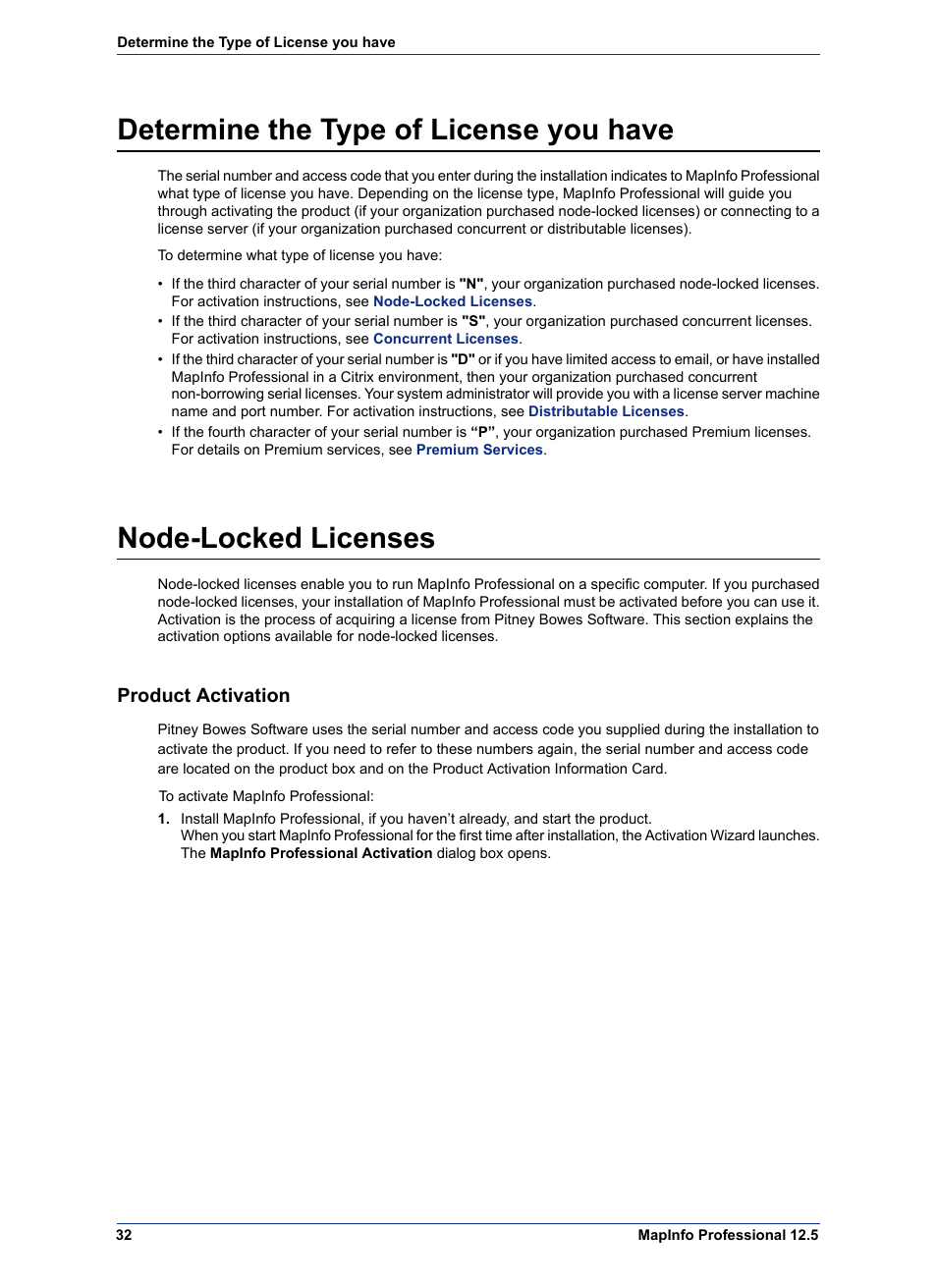 Determine the type of license you have, Node-locked licenses, Product activation | Pitney Bowes MapInfo Professional User Manual | Page 32 / 68