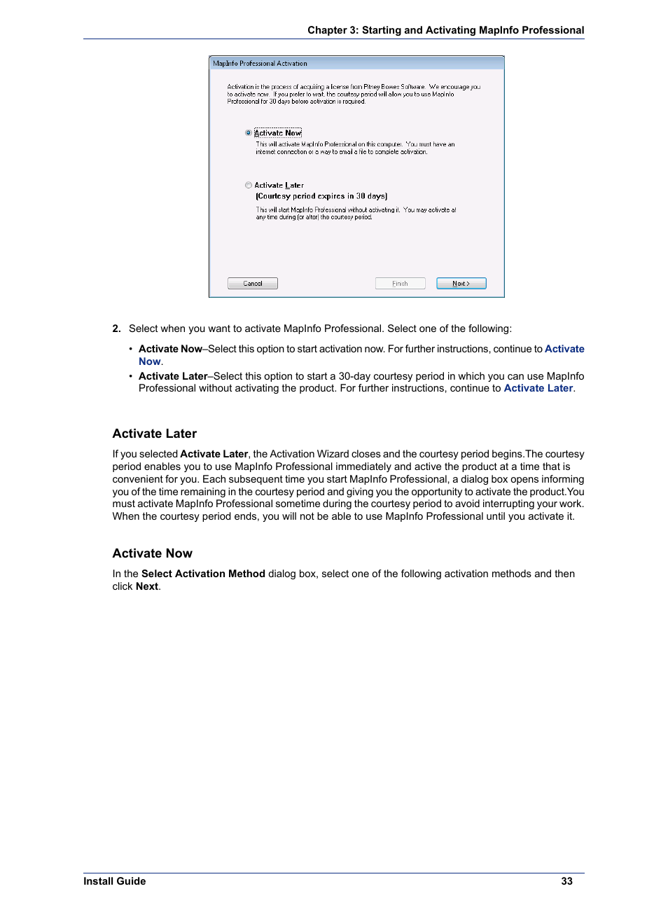 Activate later, Activate now | Pitney Bowes MapInfo Professional User Manual | Page 33 / 68