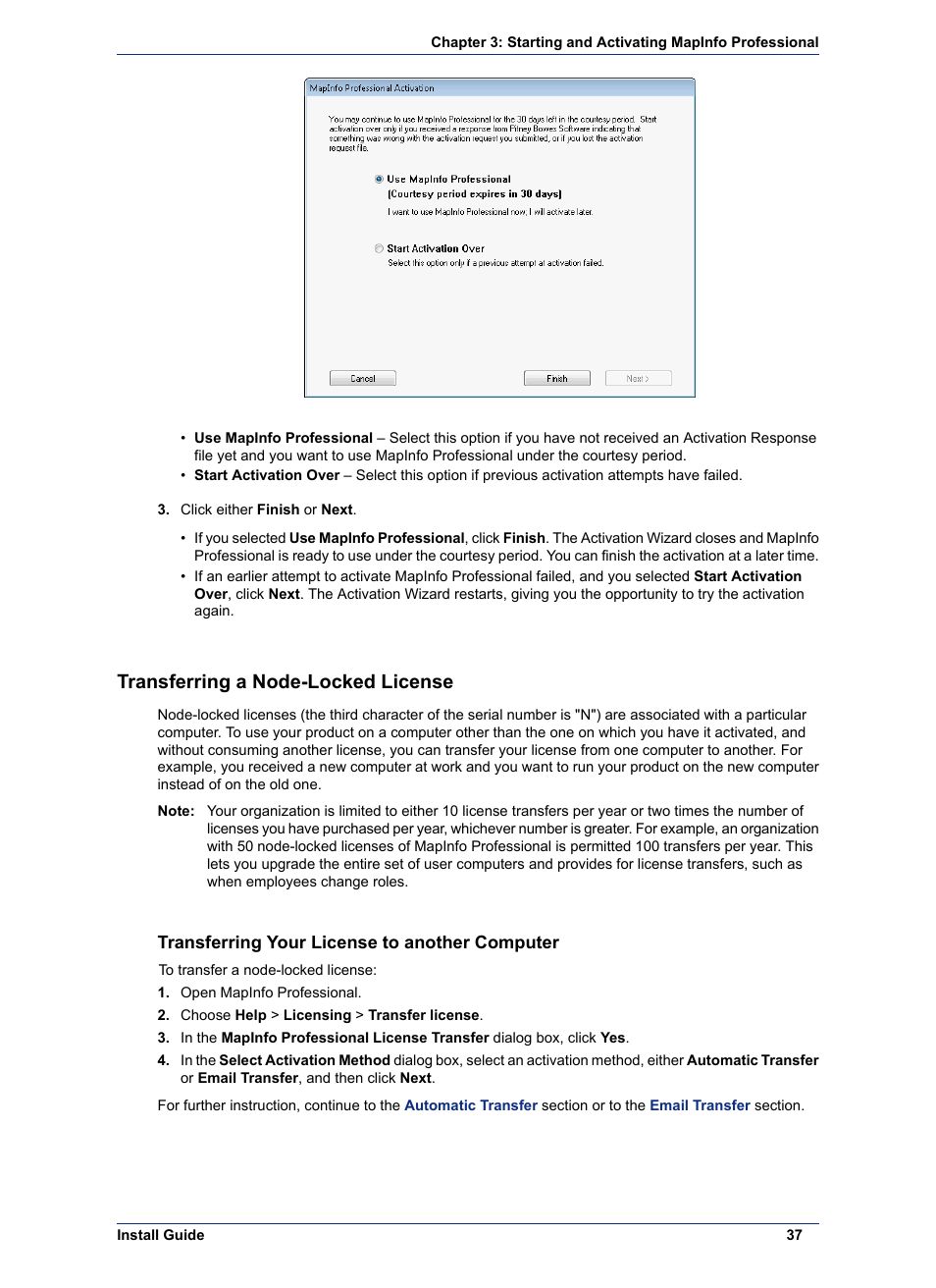 Transferring a node-locked license, Transferring your license to another computer | Pitney Bowes MapInfo Professional User Manual | Page 37 / 68